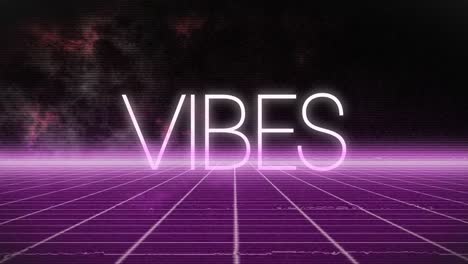 animación de vibraciones texto en blanco sobre cuadrícula de neón rosa e interferencia en fondo negro