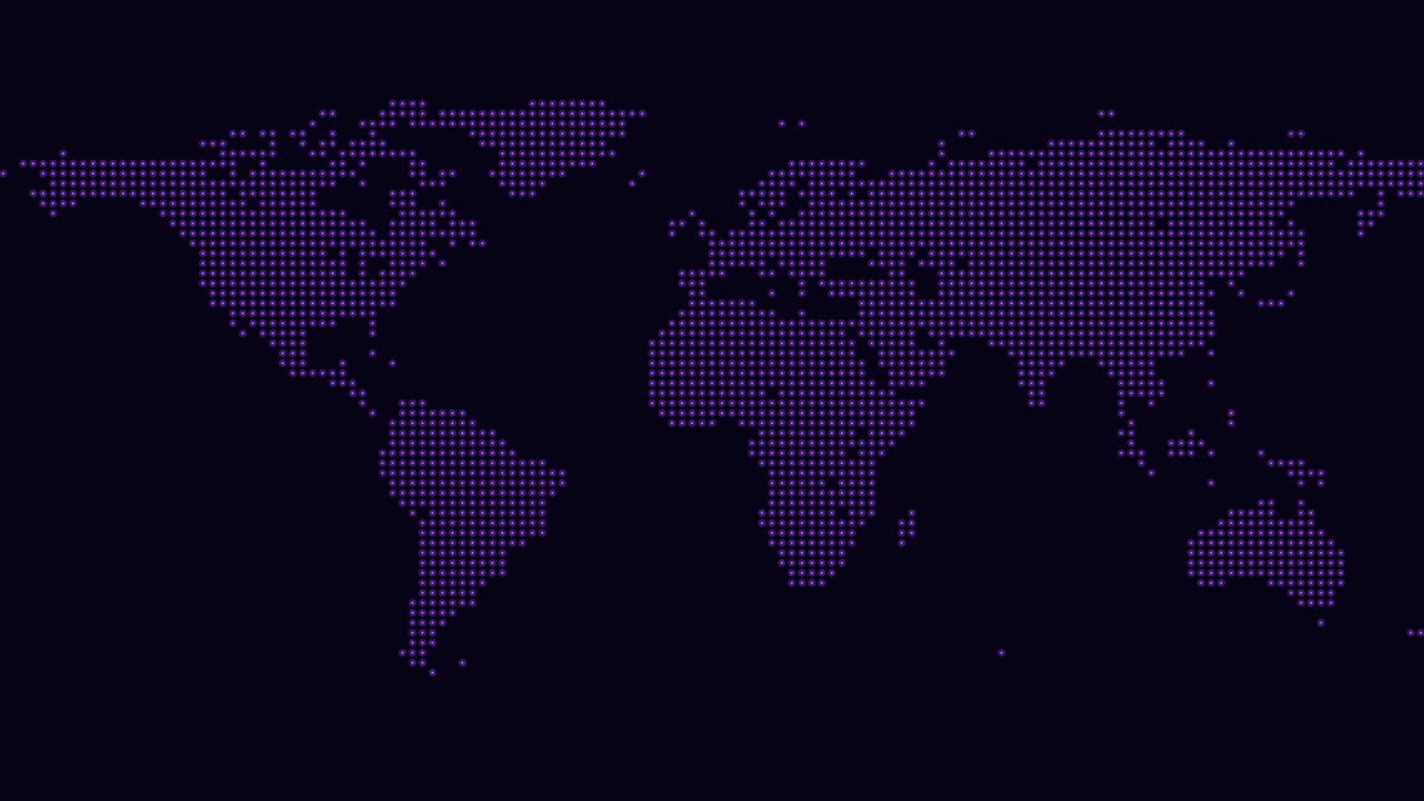 Glowing dotted world map background animation for global technology concepts