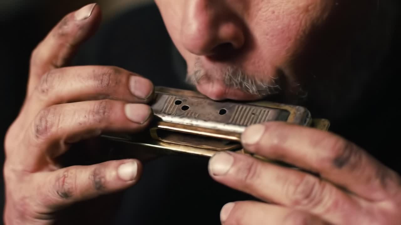 A Passionate Musician Plays the Harmonica, Capturing the Soul of Blues Through Expressive Melodies That Resonate with Emotion and Depth in Each Note