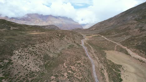 wide aerial landscape of mountain road through spiti valley in india