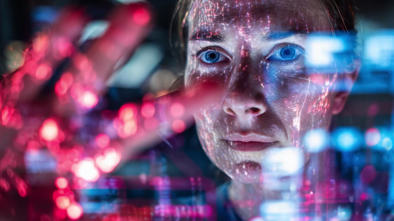 A focused individual interacts with a futuristic interface displaying vibrant digital patterns and data projections, highlighting technology's impact on human experience and perception