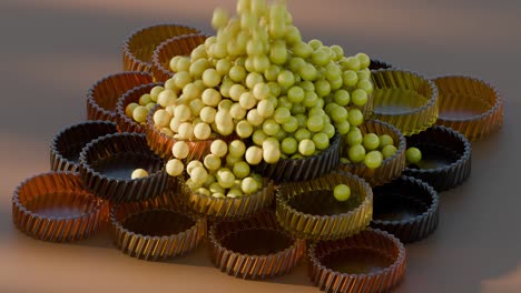 renderizado 3d abstracto: círculos apilados con esferas desbordantes