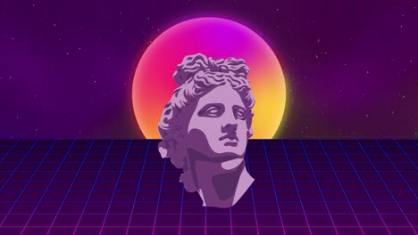 synthwave wireframe net. sunset  and apollo head. 80s style, retro futurism background. vhs intro. cyberpunk style. horizon landscape, neon lights, starry sky. vintage seamless loop in 4k. vaporwave