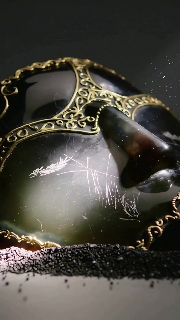 Video verticale: Un fascio di luce spazza via la polvere da una maschera ornata, rivelando graffi e finiture dorate sulla sabbia.