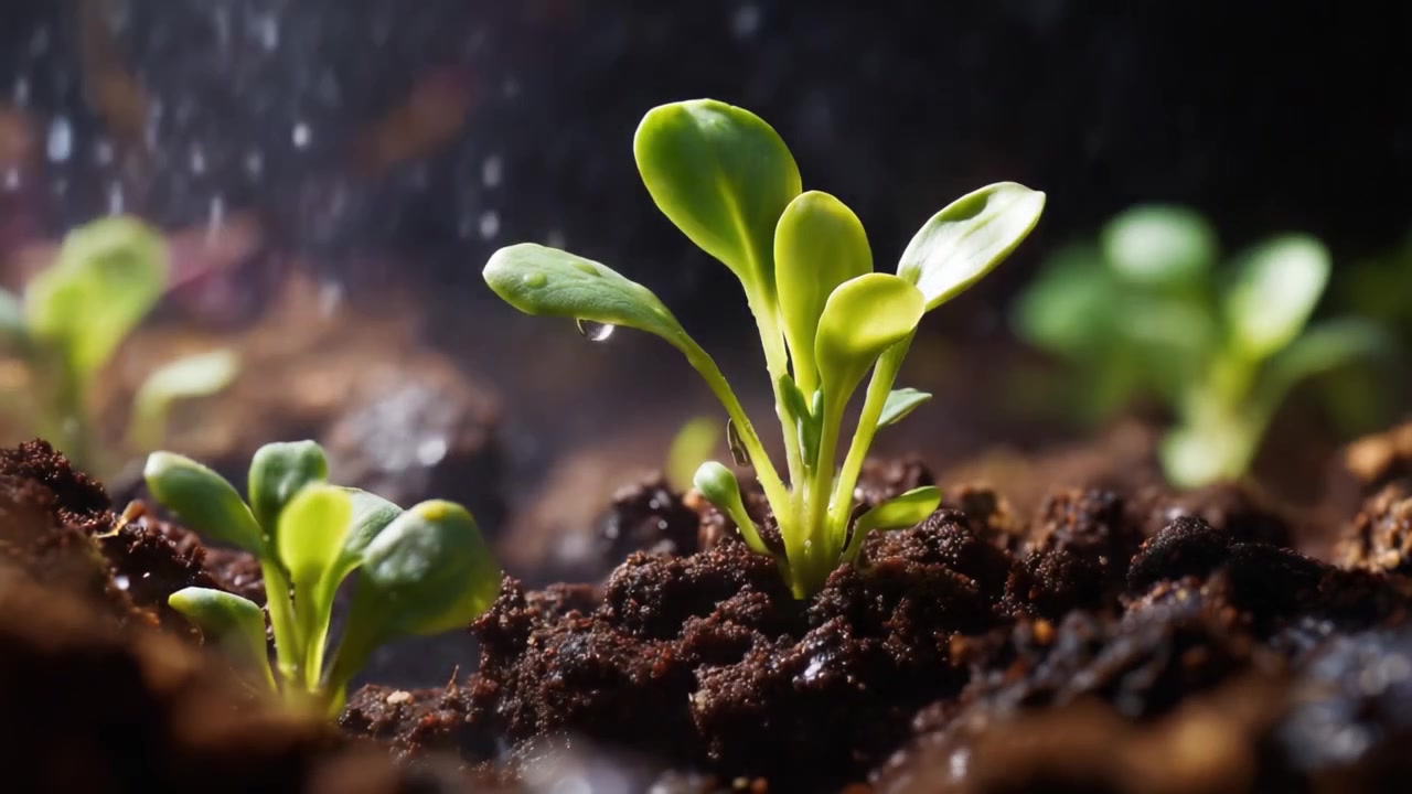 Close-Up de Jovens Mudas Verdes Brotando em Solo Úmido com Gotas de Água Capturadas em um Ambiente Dinâmico e Vibrante Enfatizando a Vida e o Crescimento.