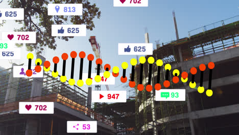 Animation-of-dna-strand-and-media-icons-over-cityscape