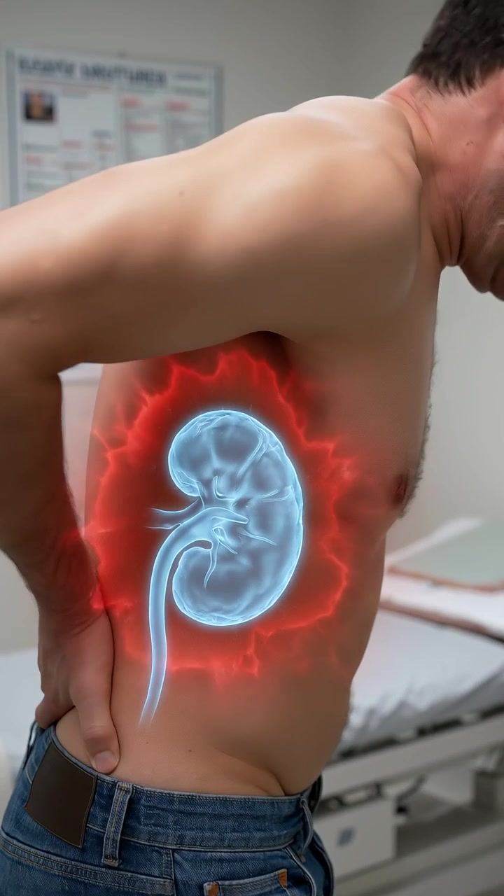 Rear View of Man Pointing to Kidney Region with Anatomical Location Graphic
