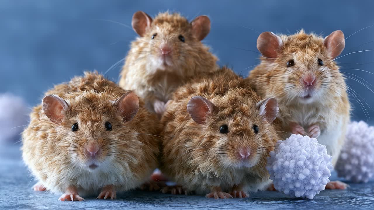 Neljän pörröisen hiiren viihtyisä kokoontuminen leikkisien valkoisten tupsujensa kanssa pehmeällä sinisellä taustalla, ikuistettuna kahteen viehättävään aitoon hetkeen