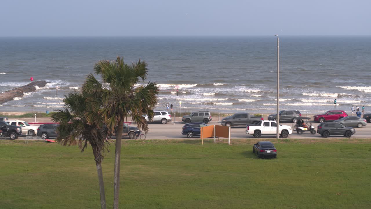 vista de drones de la playa de galveston en galveston, texas