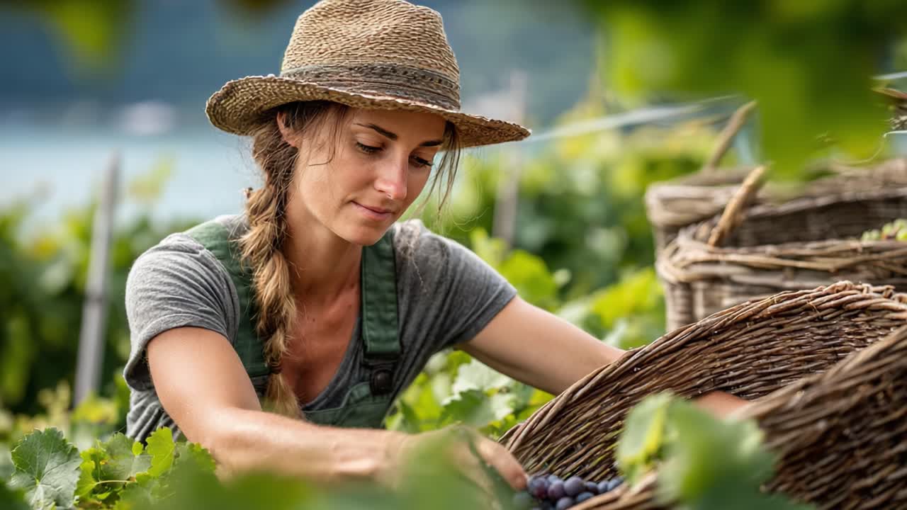 A Dedicated Harvest: A Young Woman Collecting Grapes with Care in a Lush Vineyard, Embracing the Beauty of Nature and Agriculture in the Heart of the Farm