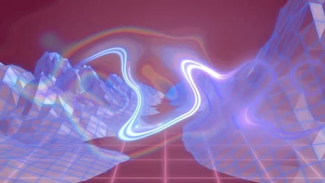 Animation-of-glowing-liquid-moving-over-blue-crystal-landscape-and-pink-grid,-on-blrown