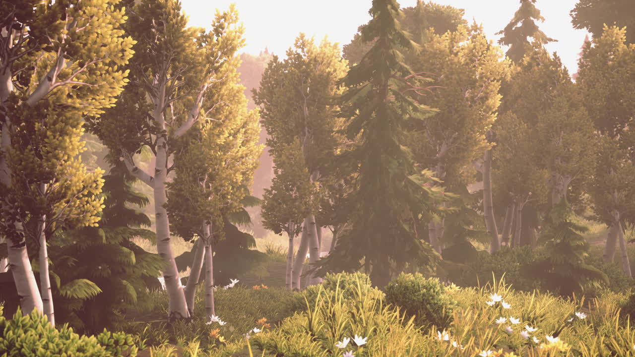 황금색  ⁇ 빛으로 백라이트 된 만화 숲 나무