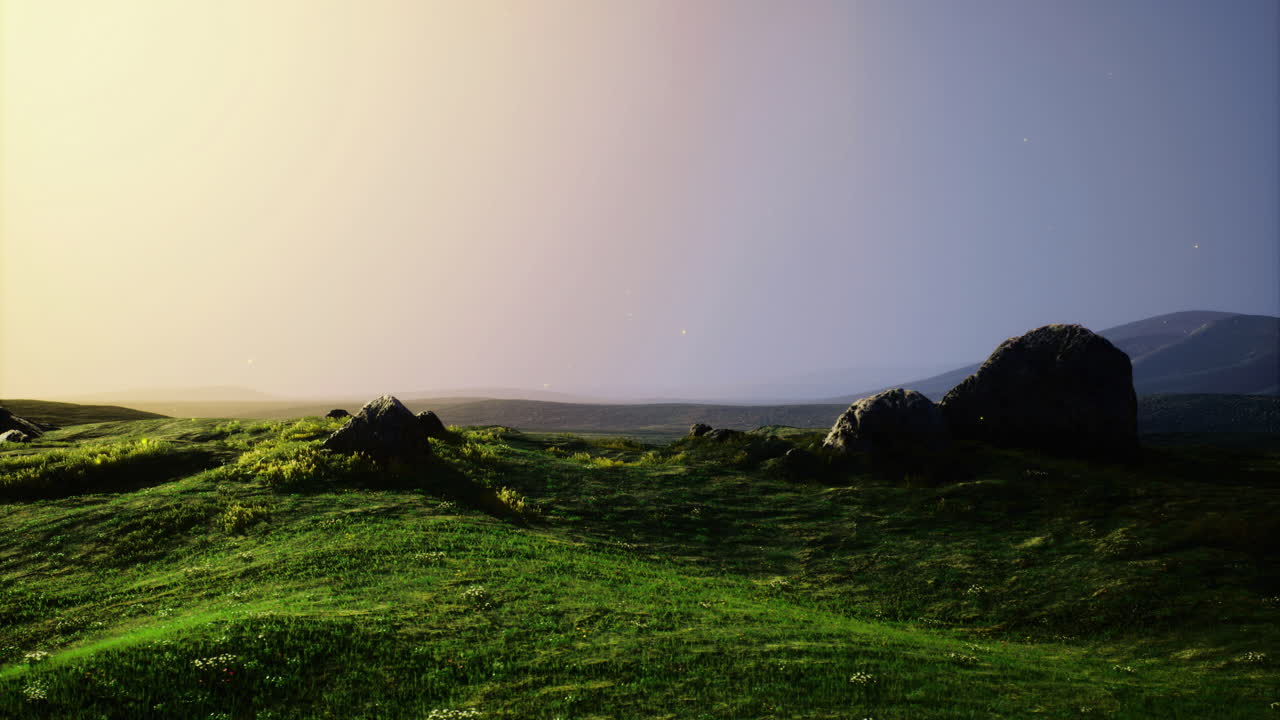 Sunset landscape with rolling green hills and distant mountains