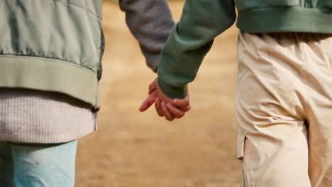 Back-of-couple,-walking-and-holding-hands-in-park