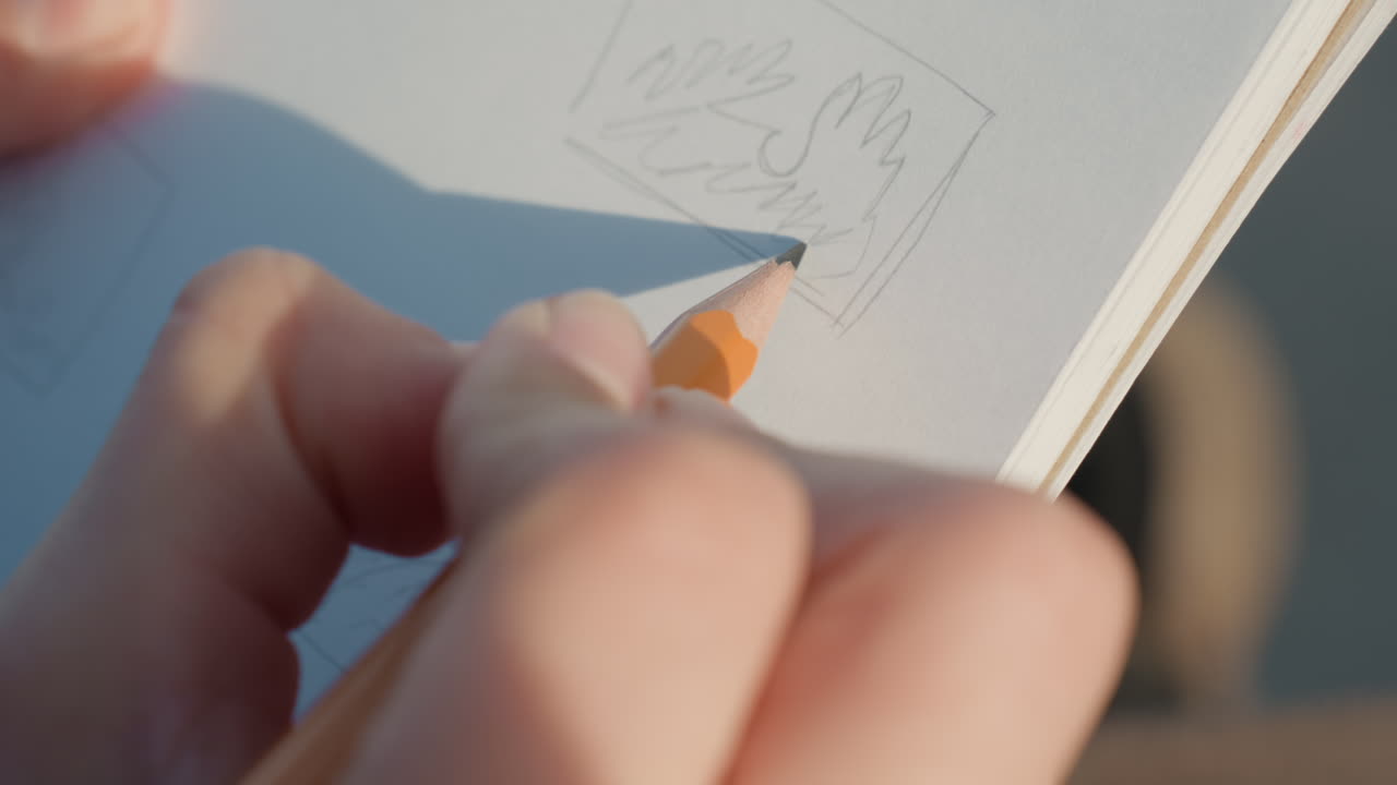 Primer plano de manos dibujando una pequeña miniatura. Un cuaderno iluminado por el sol, lleno de bocetos de paneles y pruebas de diseño. Un planificador creativo experimenta con la composición, usando trazos rápidos y una edición minuciosa mientras realiza pruebas.