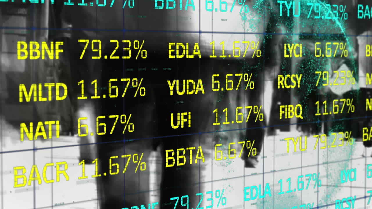 Elaborazione di dati statistici e globo che gira con persone che camminano per strada sullo sfondo