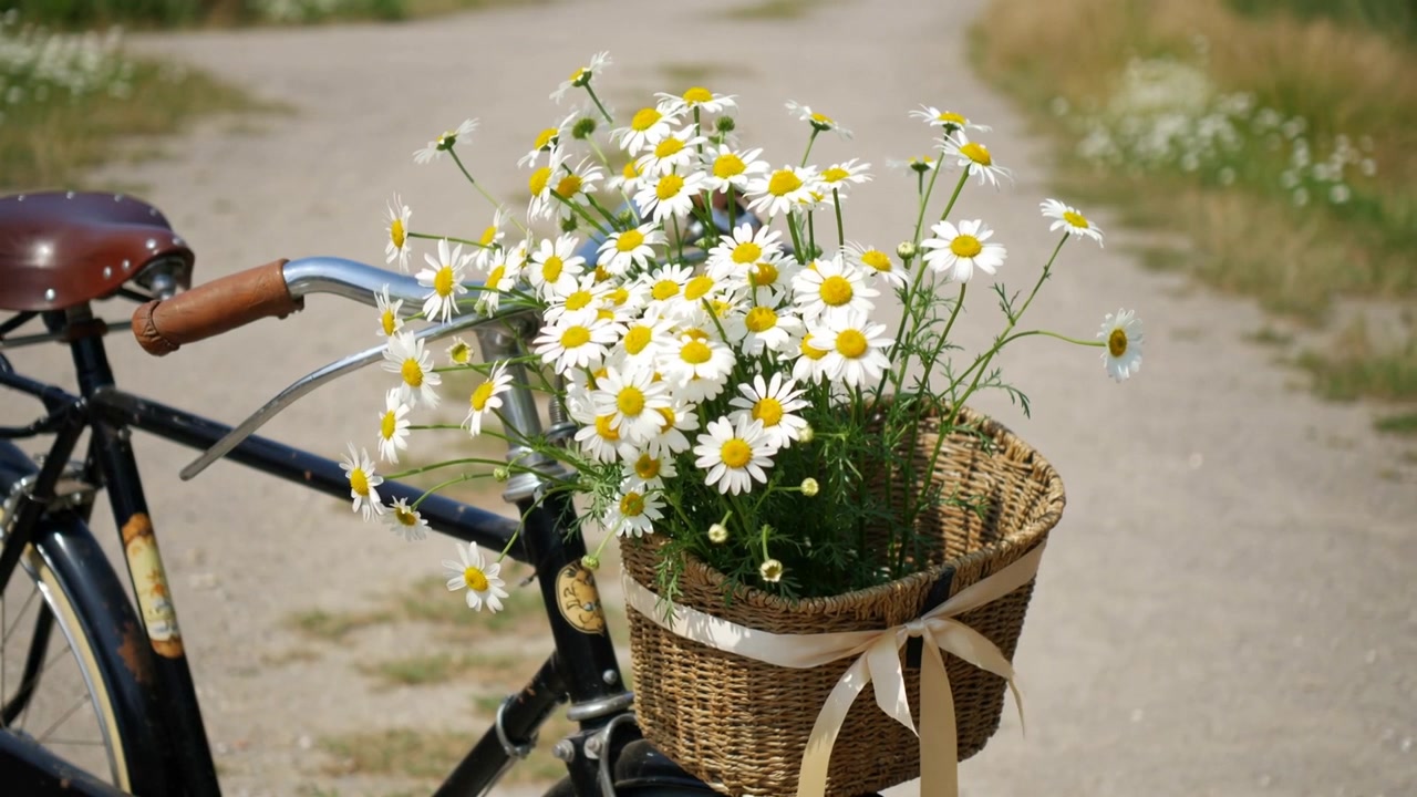 Margherite ondeggianti in un cesto di vimini che oscillano sotto una leggera brezza su una bicicletta su un sentiero rurale, suggerendo un giro