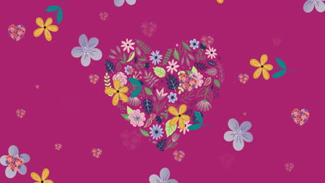 animation of multiple hearts of flowers over falling flowers on pink background