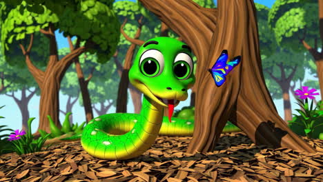 a cute cartoon snake and butterfly in the forest