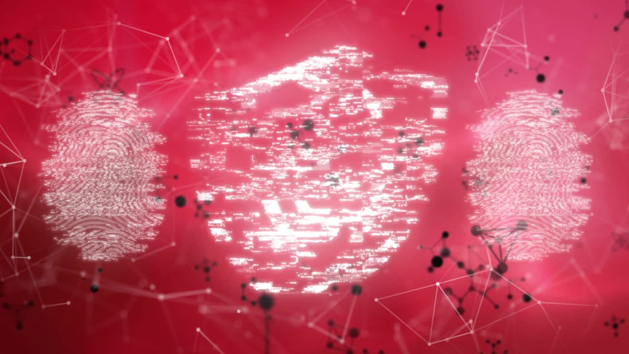 On glitch start, shield icon forming amid fingerprints, particles drifting emphasizing security