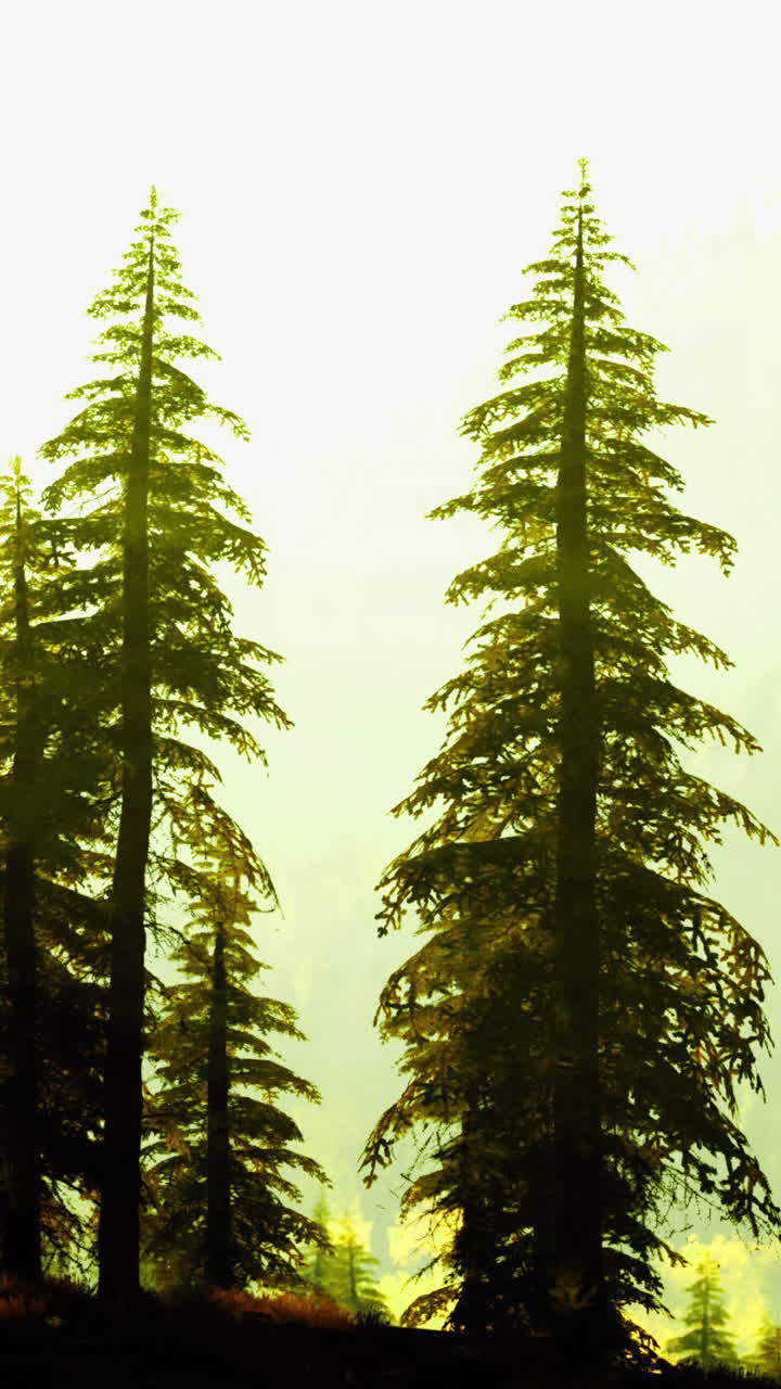 Serene forest landscape with tall trees under soft sunlight at dusk