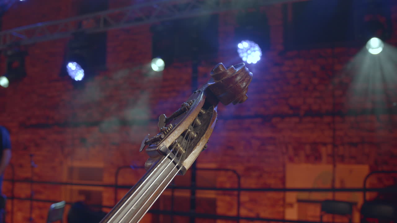 Close-up of a double bass headstock on stage