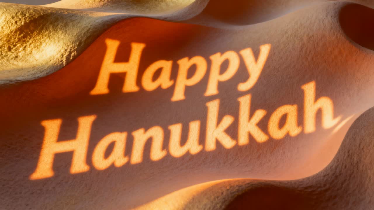 Projector powering on, warm Happy Hanukkah lettering growing sharper on sculpted studio backdrop
