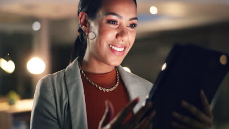 Business,-woman-and-tablet-at-night-in-office