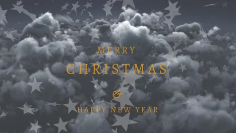 Animation-of-christmas-greetings-text-over-stars,-clouds-and-sky