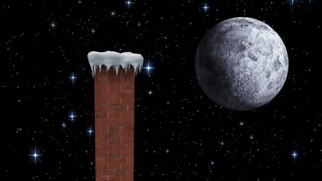 animation of winter christmas scenery with chimney, snow falling and moon