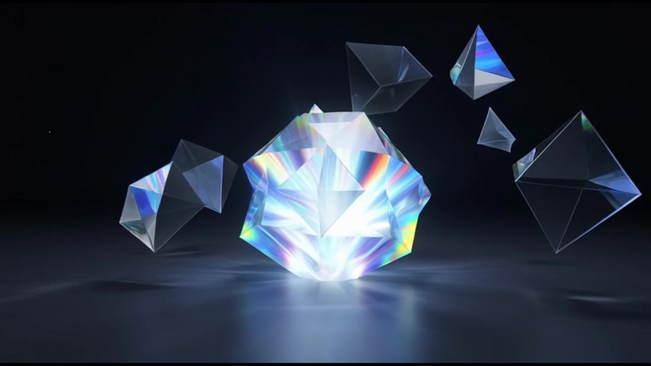 Abstract Floating Geometric Crystal Shapes with Prismatic Light Refraction