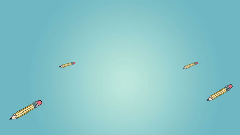 파란색 그라디언트 배경의 복사 공간에 대해 떠다니는 여러 개의 연필 아이콘의 애니메이션