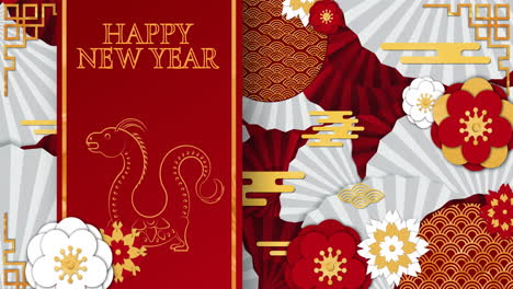 animation of happy new year text and dragon sign with chinese pattern on red background