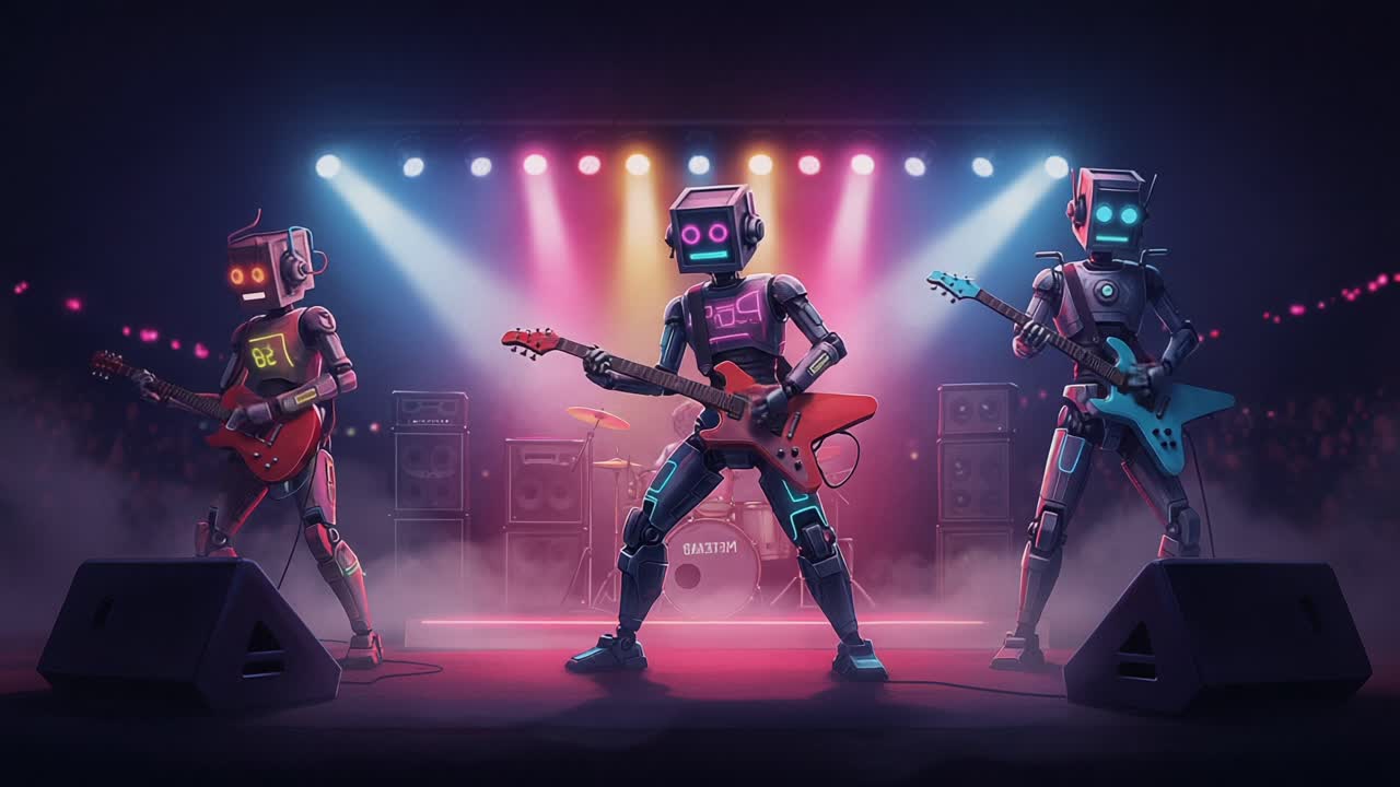 A Futuristic Robot Band Rocks the Stage with Electric Guitars in a Vibrant Concert Performance, Captivating an Audience Under Colorful Lights and Smoke Effects