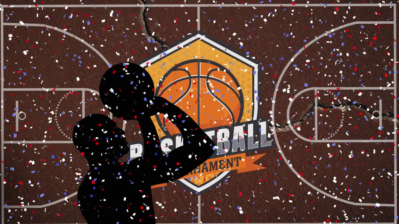 Animation of silhouette player and confetti falling on court with words basketball tournament