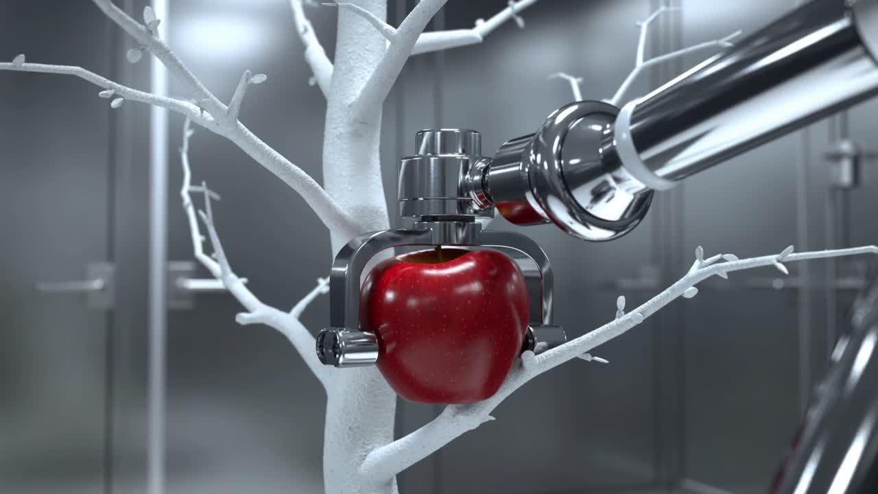 Braccio robotico cromato che si estende nella camera di prova, chiudendo la pinza attorno a una mela rossa lucida per la raccolta