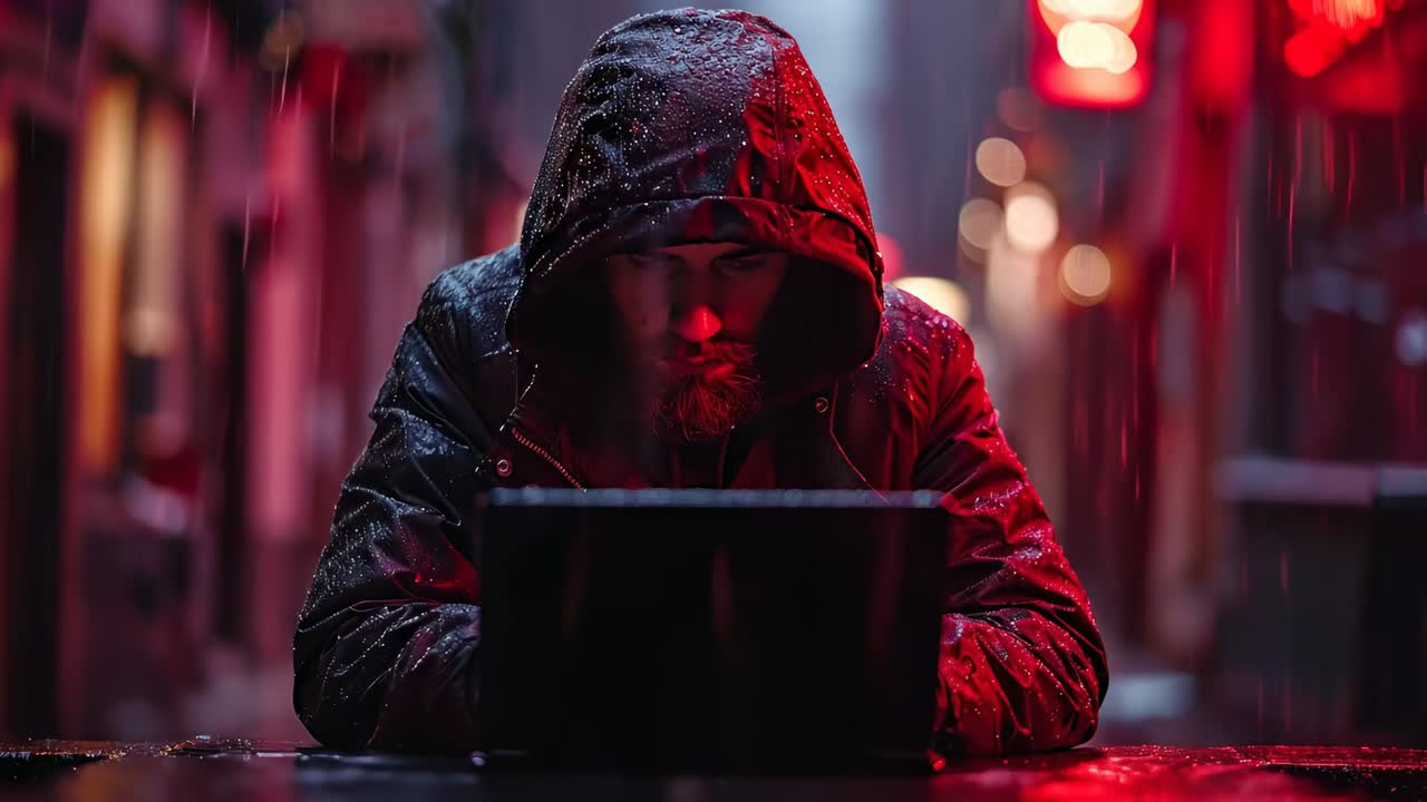 Man working in rain at night with laptop. A man sits in an alley under the rain, using a laptop while neon lights glow around him during the night
