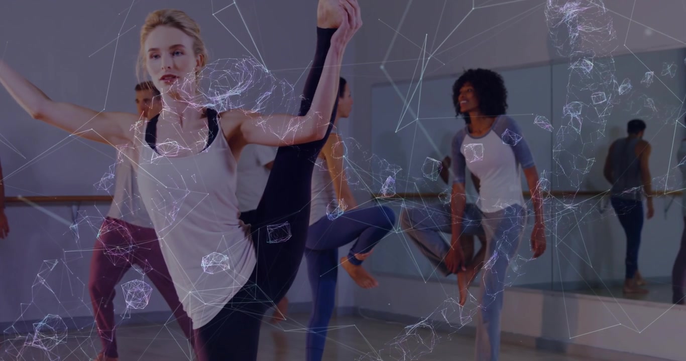 Lead dancer starting dance, lifting leg while group practicing by barre, mesh moving over mirror