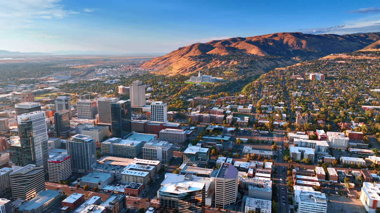 Salt Lake Sity USA, 1 August 2025: Salt Lake City Evening Light Over Downtown. A warm aerial shot of Salt Lake City in evening light