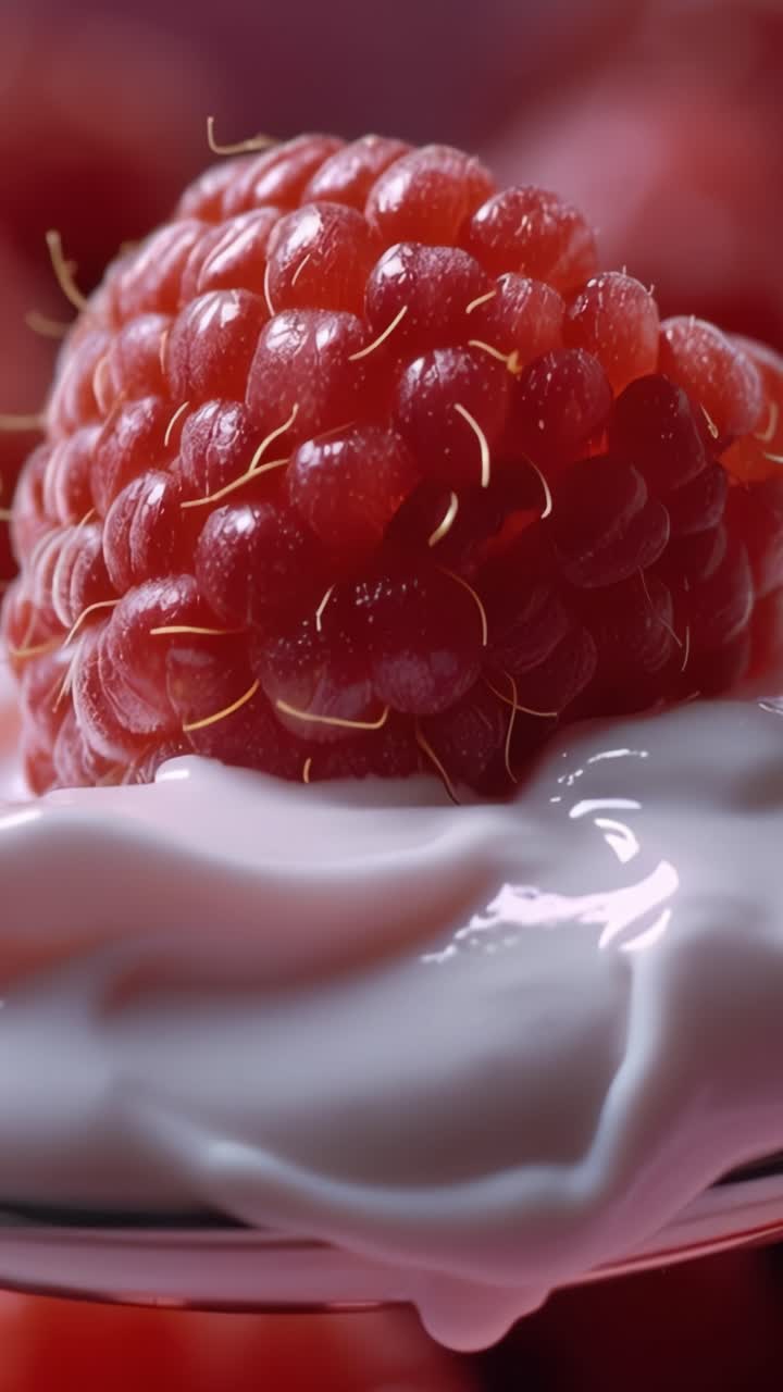 Delicious Raspberry on Creamy Yogurt: A Tempting Close-Up of Fresh Raspberry Nestled in Smooth Yogurt, Perfect for Healthy Desserts and Culinary Inspiration