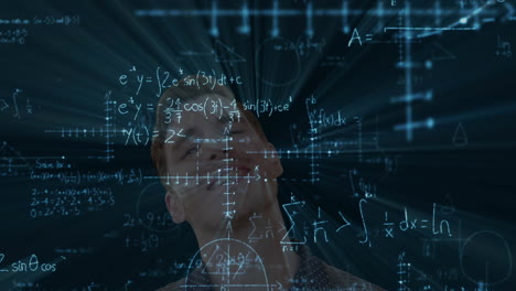 animación de un hombre caucásico emocionado con fórmulas matemáticas flotantes en fondo negro