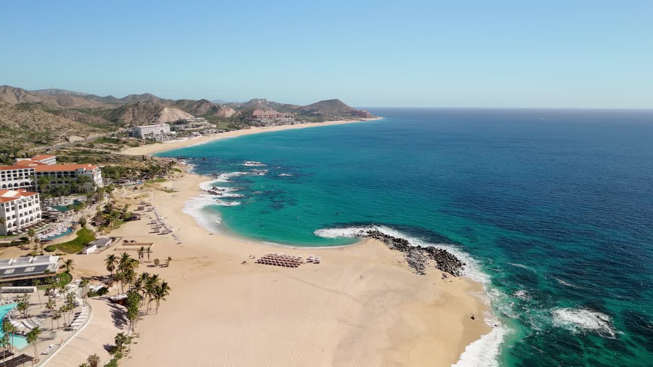 Aerial view lowering down on the beach of Cabo San Lucas Mexico near San José del Cabo.