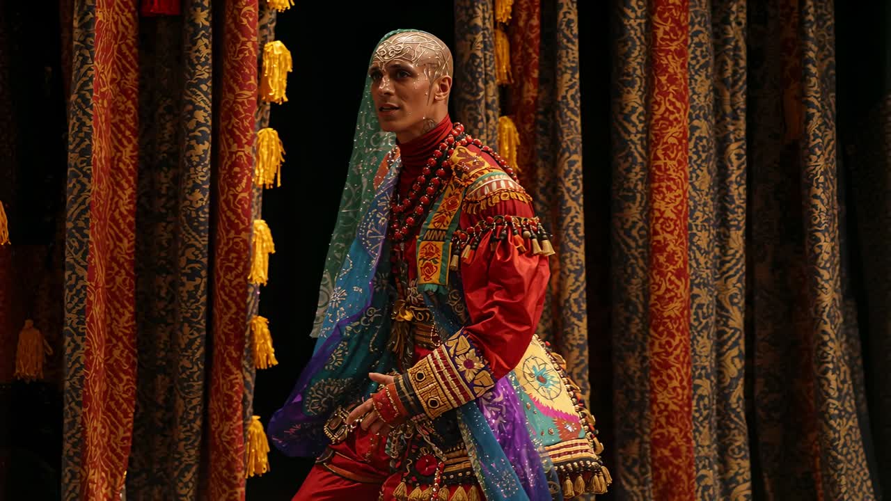 Artista con giacca rossa perlinata che avanza sul palco, reagendo a un segnale fuori scena con nappe.