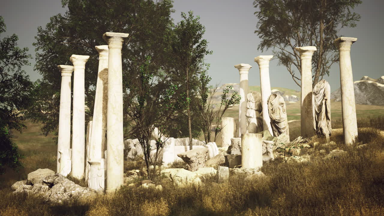 Ancient ruins with columns and sculptures surrounded by greenery
