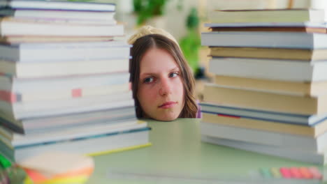 a young girl pushes away a stack of books and is terrified by the amount of studying