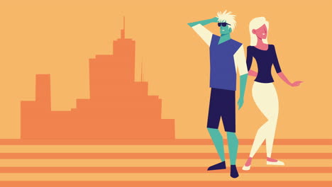 young blond couple on the city characters animation