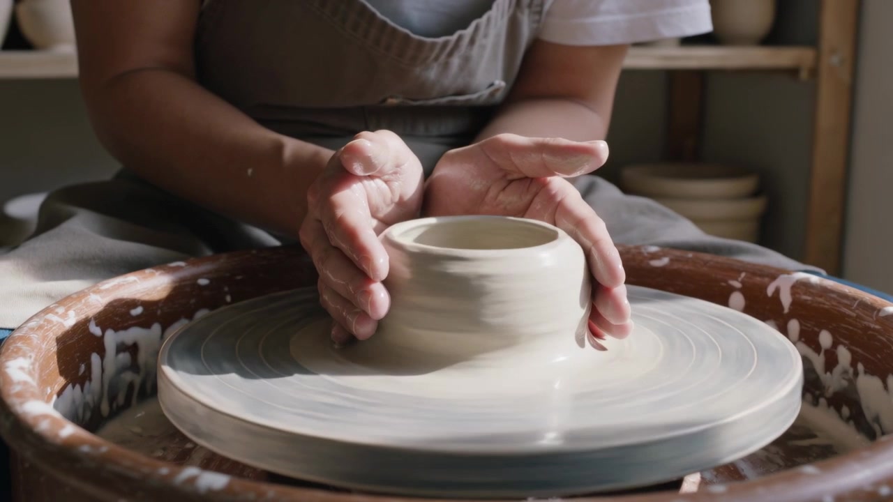 Spinning wheel, potter wearing apron shaping clay on wheel at studio, refining rim to finish vessel