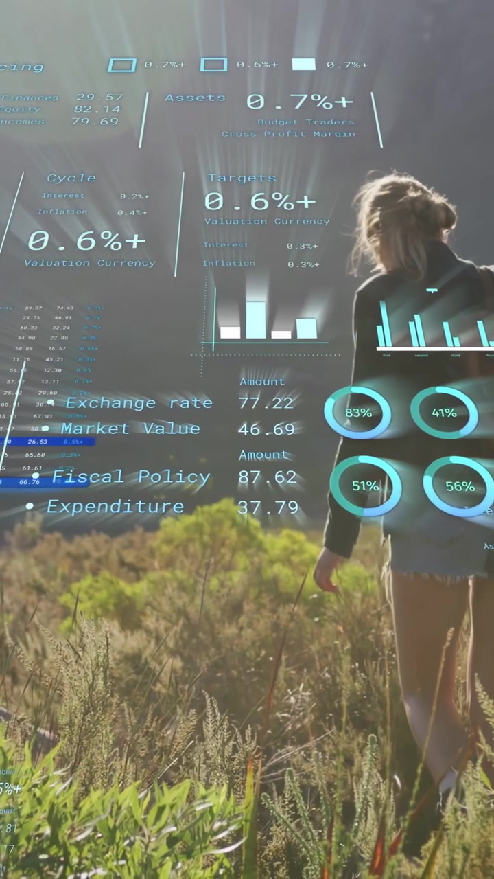 Vertical video: Female hiker stepping forward activating financial AR HUD with charts updating