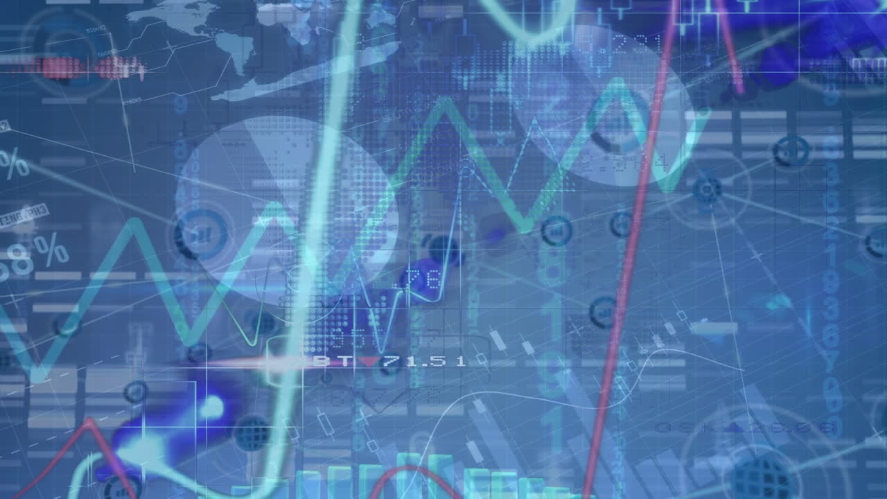 파란색 배경에 데이터 처리 및 연결 네트워크의 애니메이션