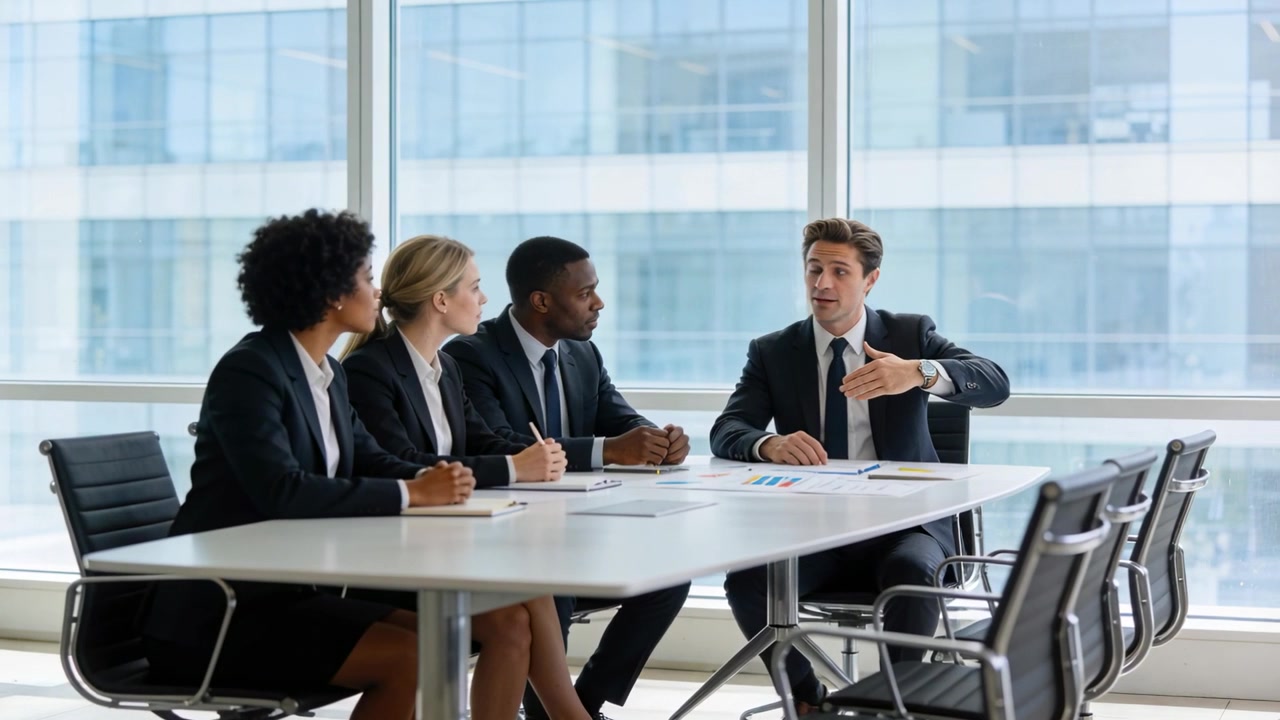 Iniciando a reunião, orador masculino de terno escuro apontando e gesticulando em sala de edifício alto, citando gráficos